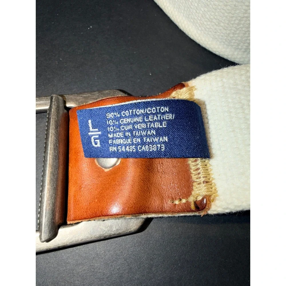 American Eagle Mens Cream Cotton Web Belt Leather Trim Eagle Logo Sz Large